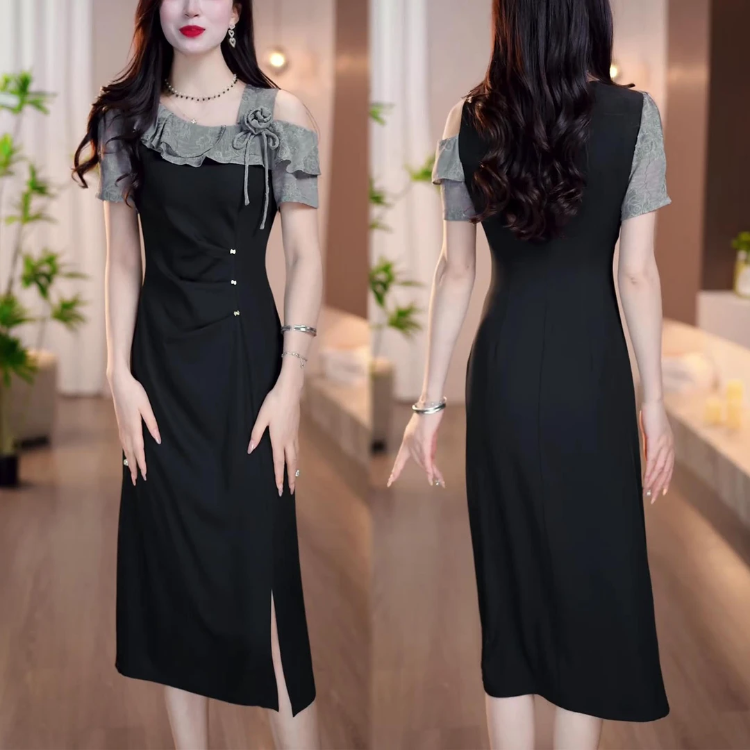 2025夏季新款洋气显瘦时尚短袖设计连衣裙露肩日常通勤韩版长裙