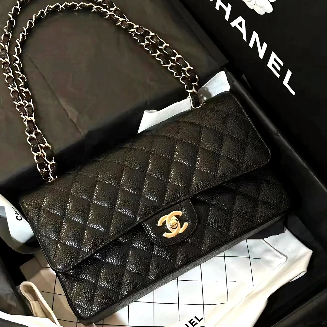 99新 Chanel/香奈儿 0821|香奈儿黑金荔枝皮cf中号斜挎包|香奈儿