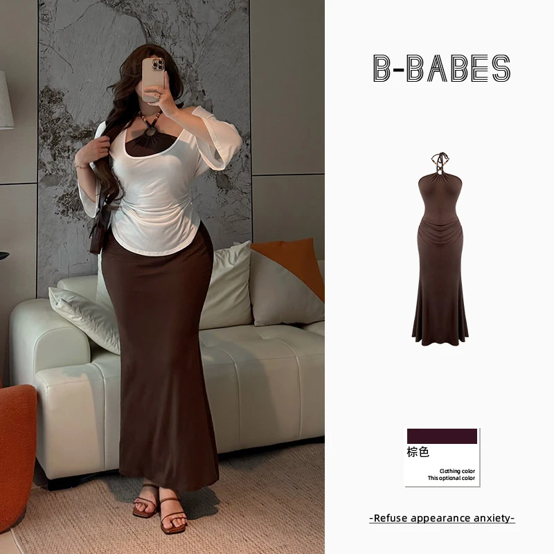 B-babes【柔情时分】法式挂脖时尚极简连衣裙气质慵懒风上衣两件套