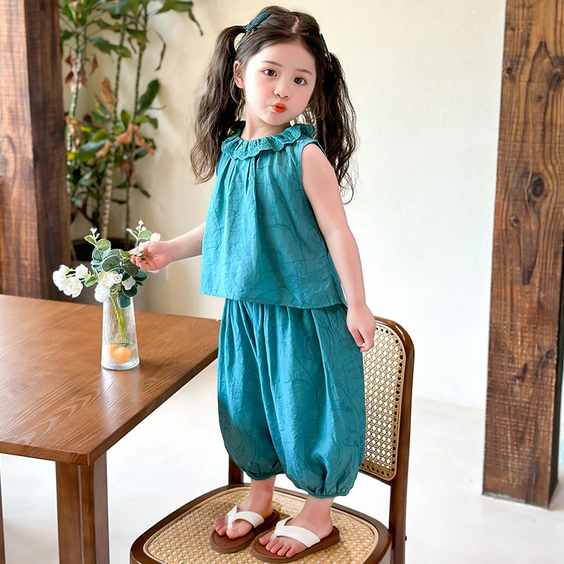 女童花边无袖套装洋气儿童背心夏季新款女宝宝灯笼裤两件套小女孩