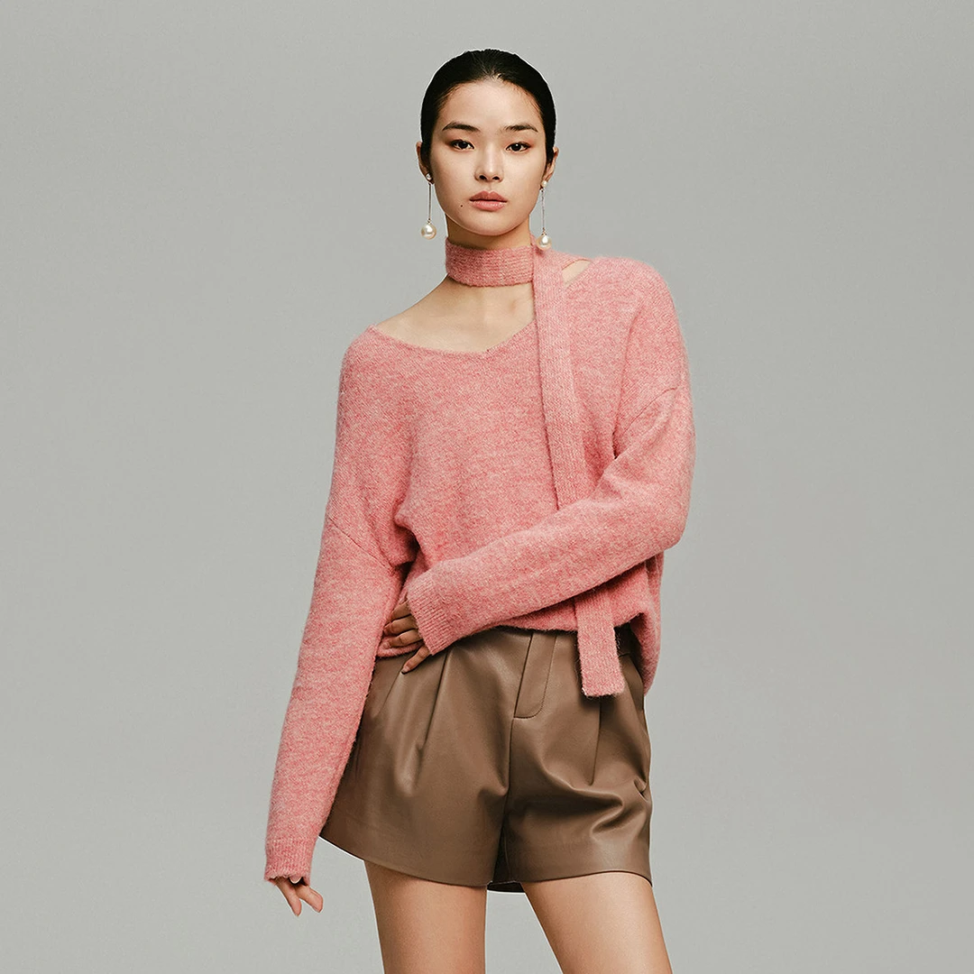 【陈大可专属】红袖围巾落肩V领套头一手长针织衫89324410116