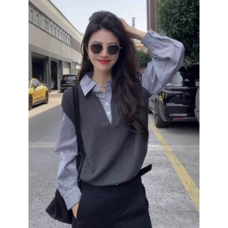 巨好看的早秋季韩系穿搭polo领假两件针织衫女chic别致高级感上衣