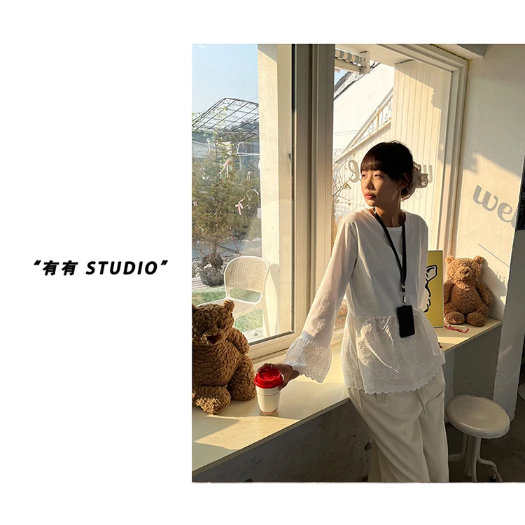 「刺绣蕾丝叠穿！」蕾丝拼接白色花边屁帘裙女士长袖T恤