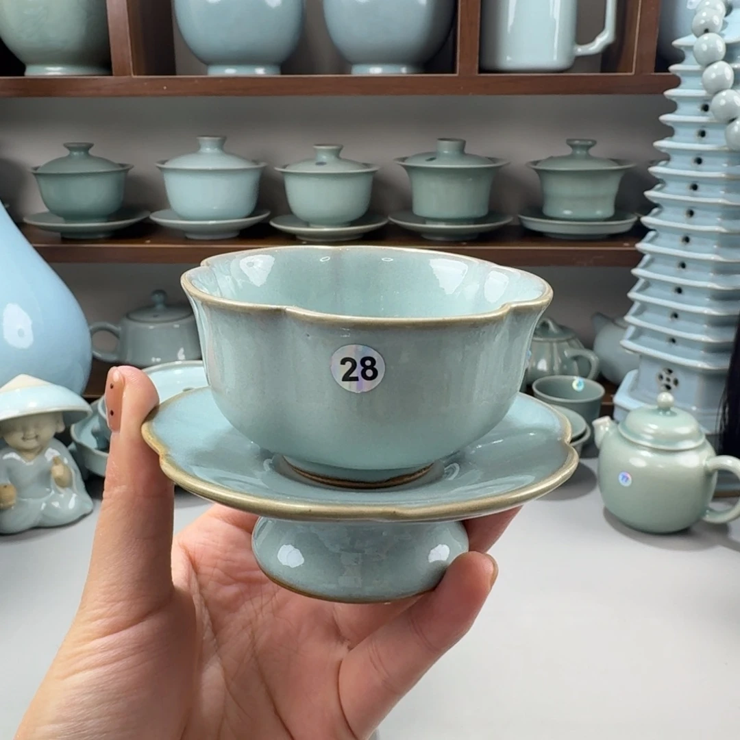 摆件微瑕汝窑天青梅花套盏