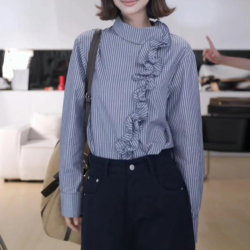 20255秋季木耳花边衬衫法式不规则条纹高领韩系ins衬衣潮流女士