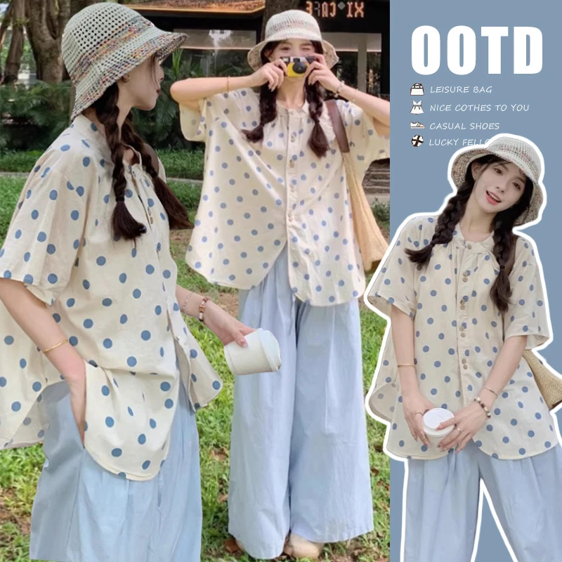 2025夏季新款孕妇装韩版小清新大码波点短袖衬衣透气清凉外穿休闲
