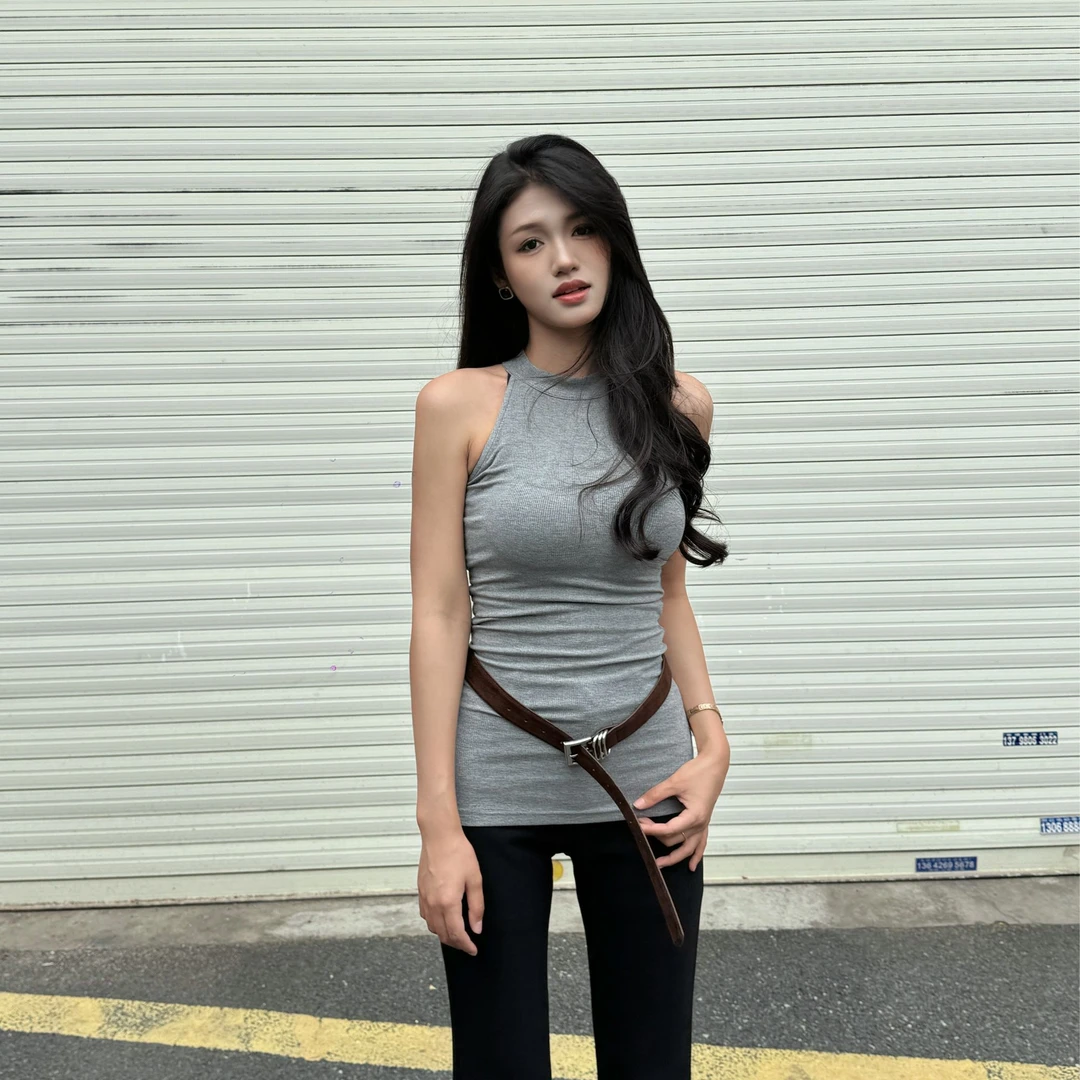 美式辣妹灰色挂脖小吊带背心夏季美背打底外穿无袖坎肩上衣SY008