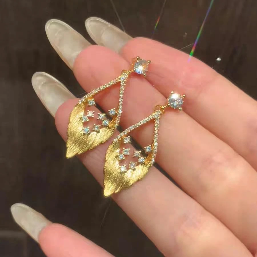 新中式首饰金色拉丝羽毛耳钉女轻奢小众耳环耳饰送女友闺蜜礼物