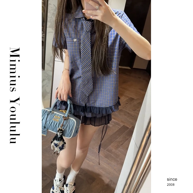 【mimius】U 复古格纹花边拼接衬衫（含可拆卸屁帘）+百褶裙裤G03472
