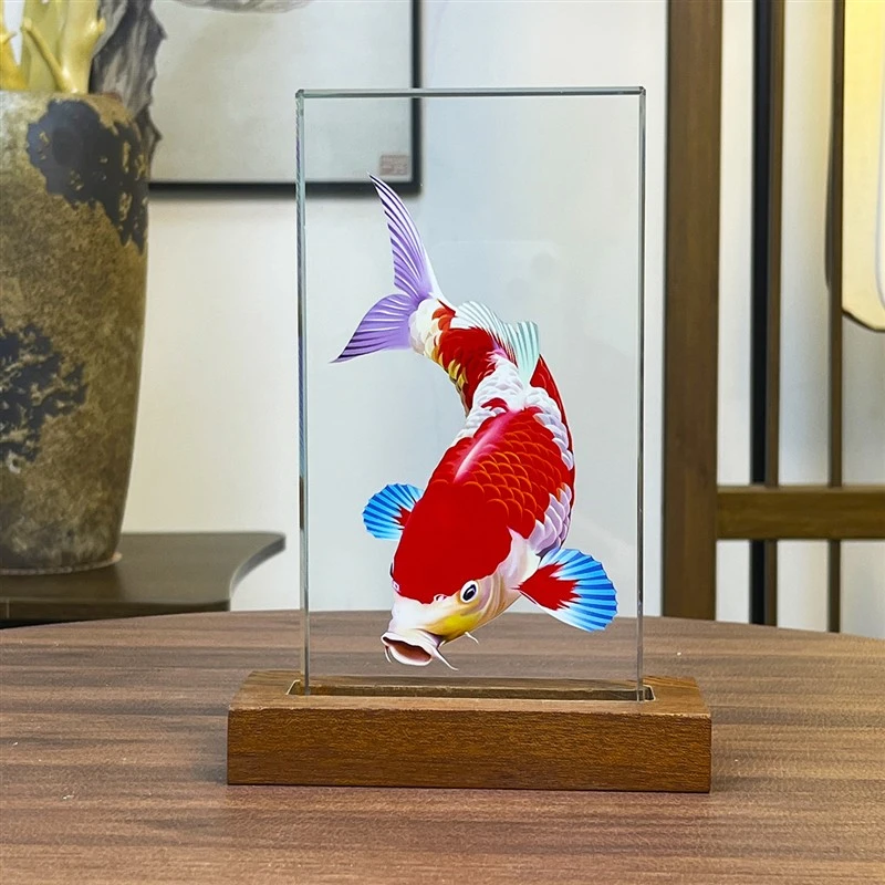 内雕锦鲤水晶桌面摆件高端轻奢家居客厅电视柜装饰送礼物寓意生财