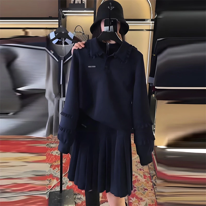 韩系设计感小众套装女2025年秋季新款POLO领翻领上衣百褶裙两件套