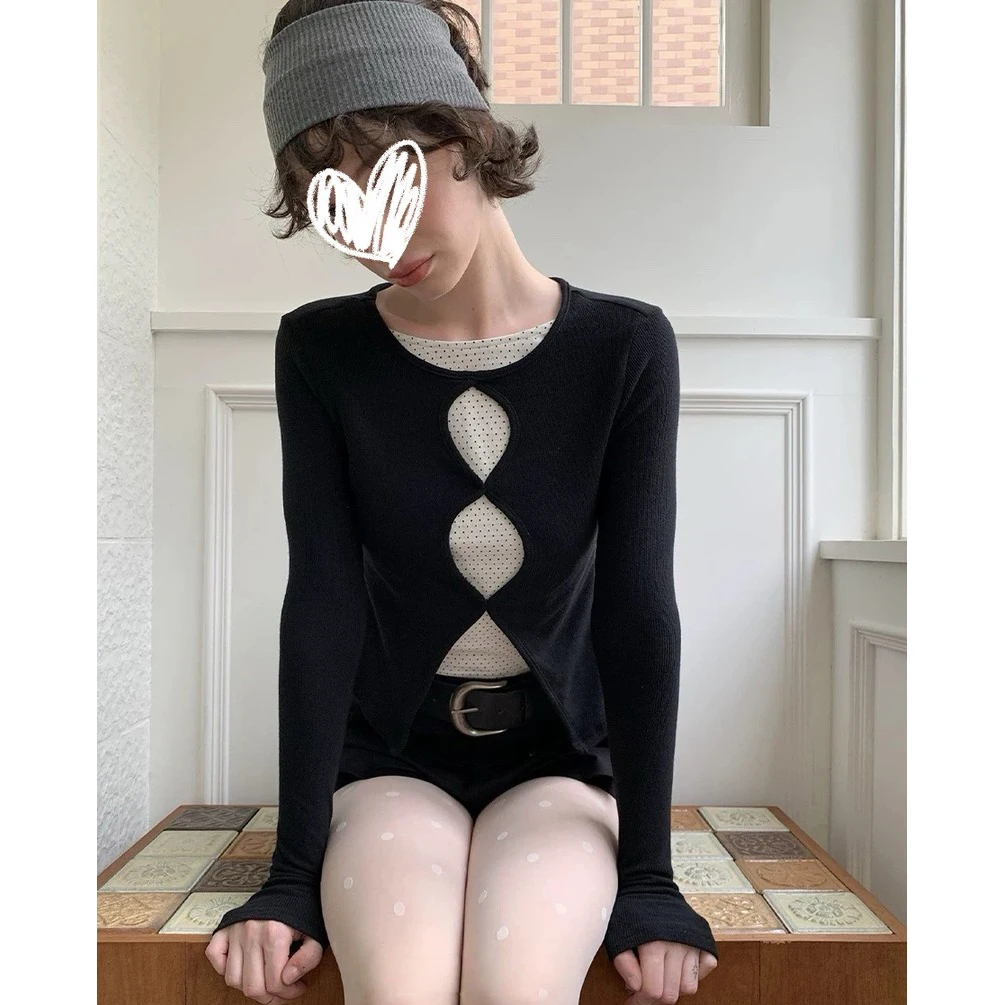 假两件镂空波点长袖t恤女秋季2025设计感小众修身短款显瘦上衣潮