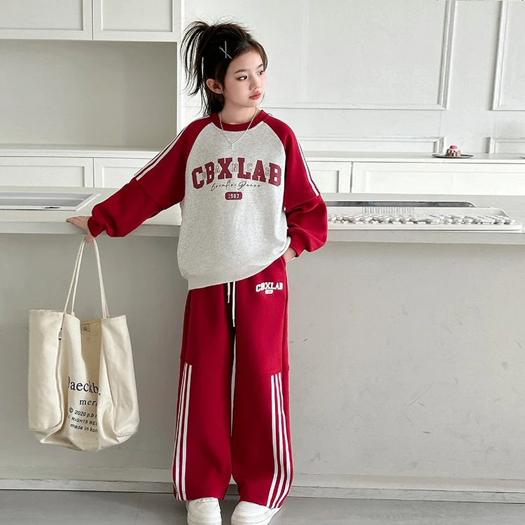 女童春装套装2025春季新款6-12岁中大儿童洋气休闲运动红色两件套