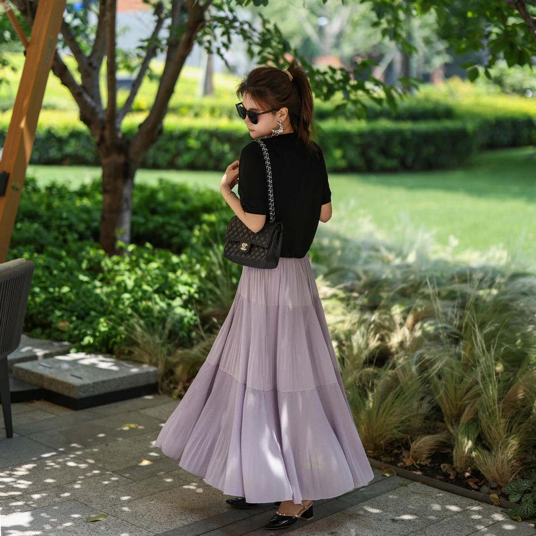 【碎钻绝绝紫】半身裙夏季大摆压褶亮钻高腰韩系a字裙