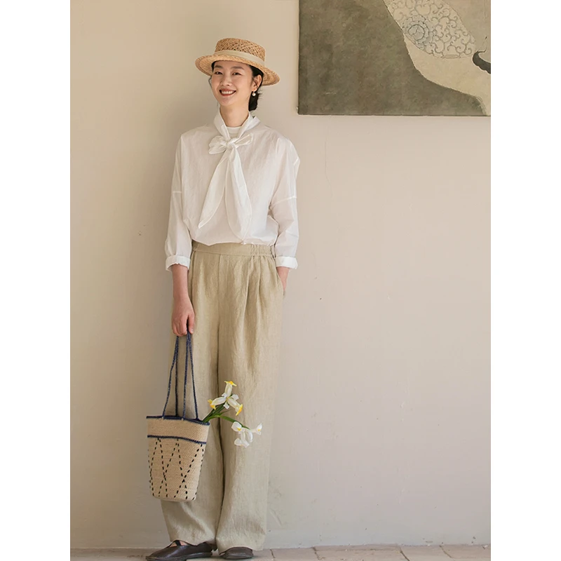 牧衣原创 100支新疆棉衬衫女新款圆领白色简约百搭长袖 四季香