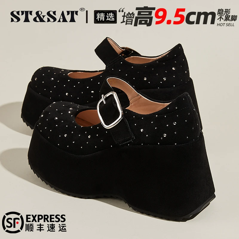 星期六超厚底玛丽珍鞋女单鞋2025秋季水钻松糕鞋一字带坡跟小皮鞋