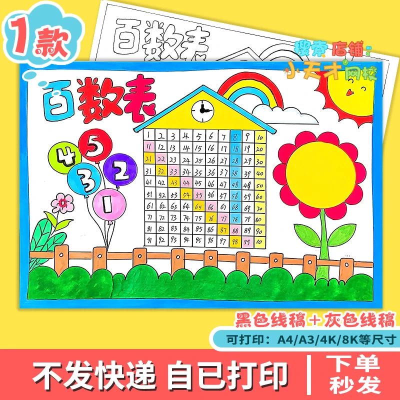 小学生一年级百数表手抄报电子版1-100认识数字成品读书卡e464