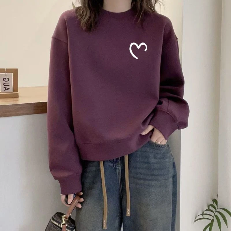 陈大钰爱心圆领卫衣女秋冬纯棉宽松休闲加绒加厚保暖套头长袖上衣