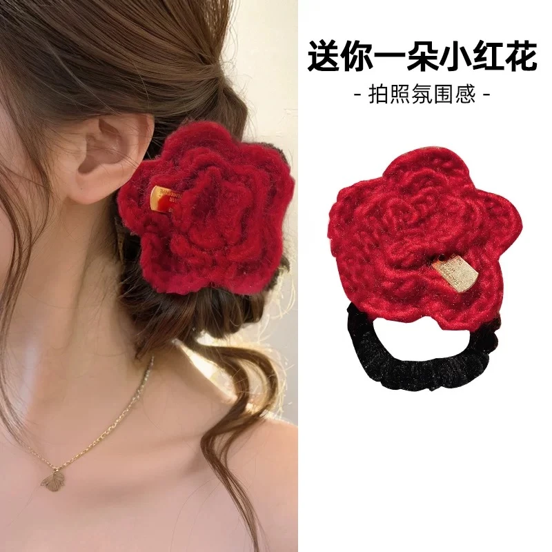 新年红色花朵头绳玫瑰花发圈安哥拉红发饰秋冬氛围感头饰不伤发