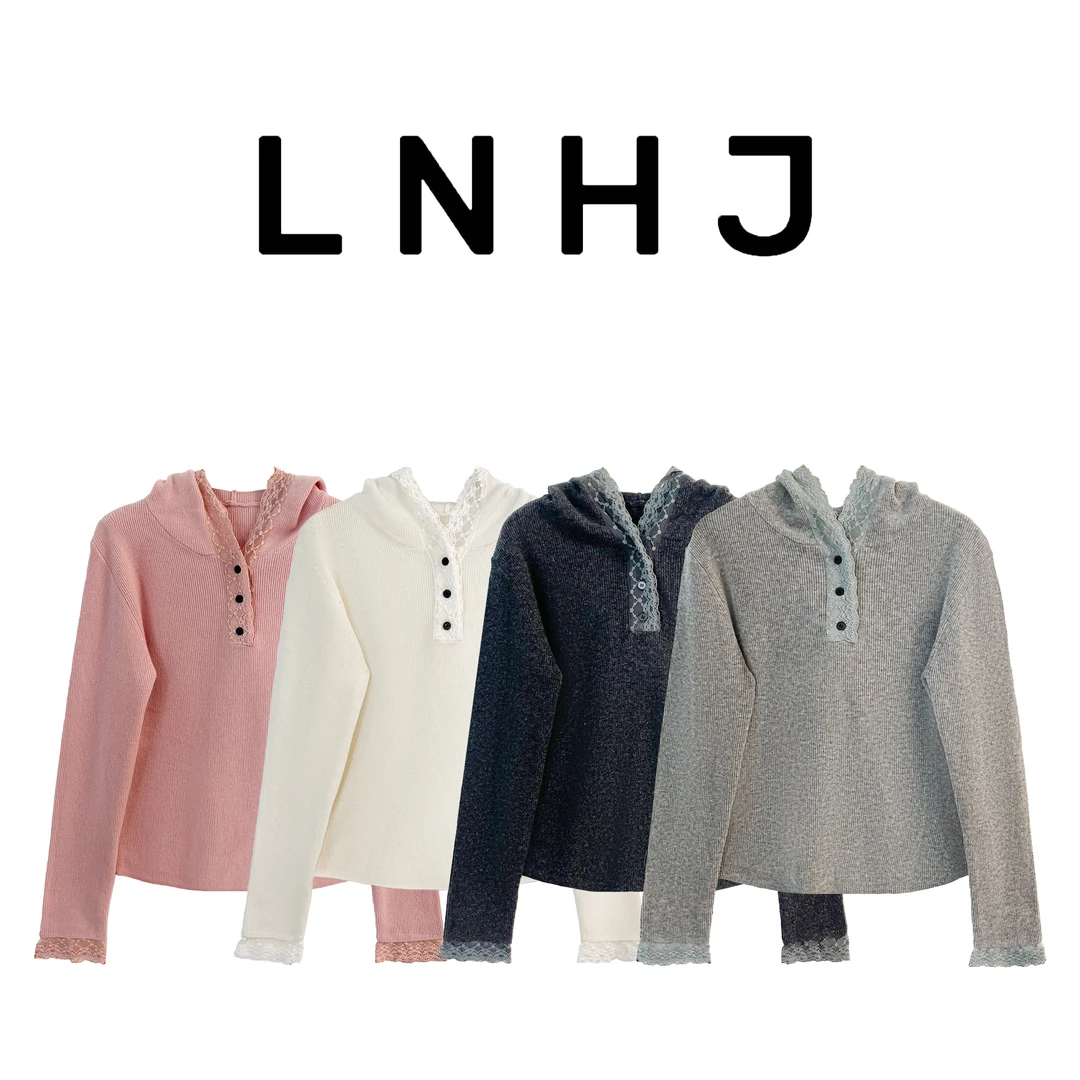 LNHJ【暖阳】（不退换）连帽蕾丝拼接针织套头长袖上衣