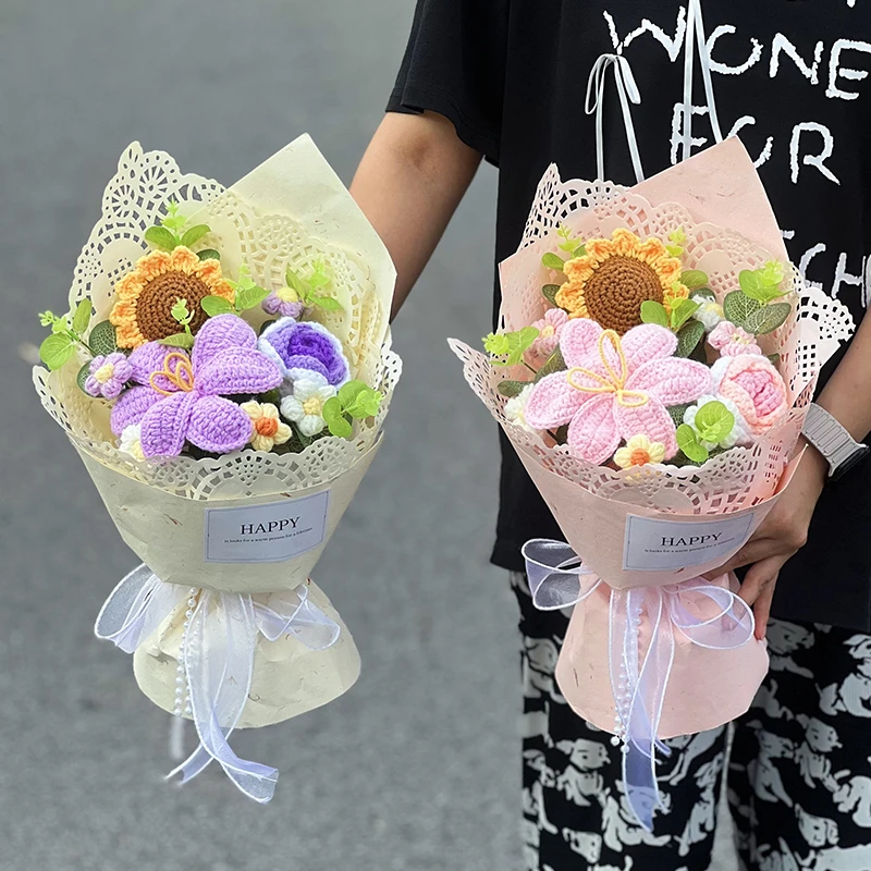 教师节礼物七夕节女朋友针织向日葵郁金香针织花束手工送老师长辈