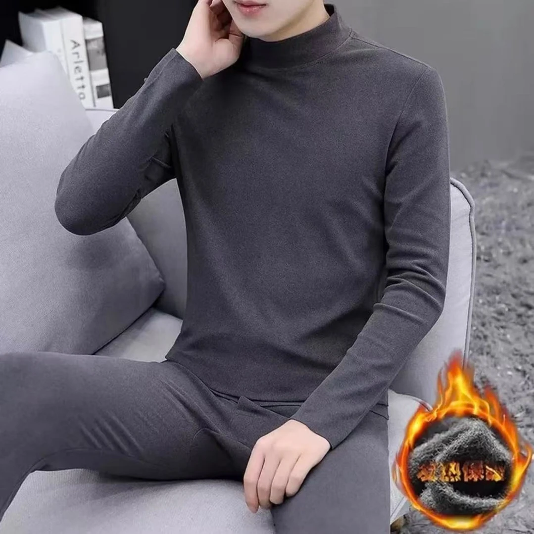 德绒长袖保暖内衣秋冬季男士自发热潮流百搭纯色保暖中领休闲上衣