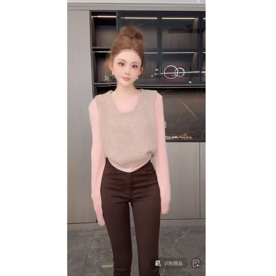 曼曼【轻颜韩女】韩系叠穿马甲+套头基础T恤3798#