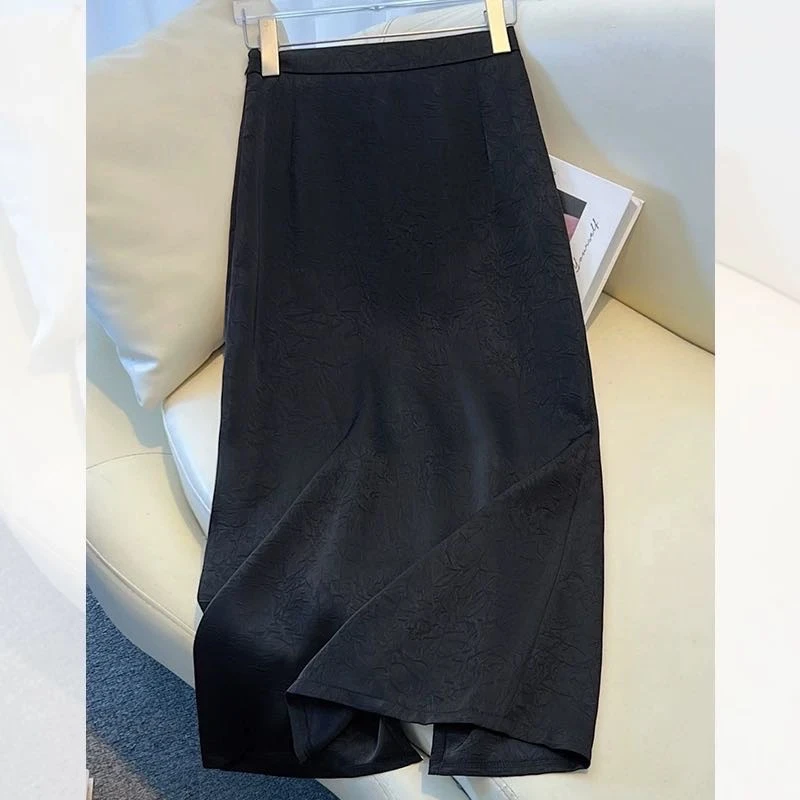 【KK】JS2581夏季上新纯色褶皱印花松紧腰款气质百搭中长半身裙