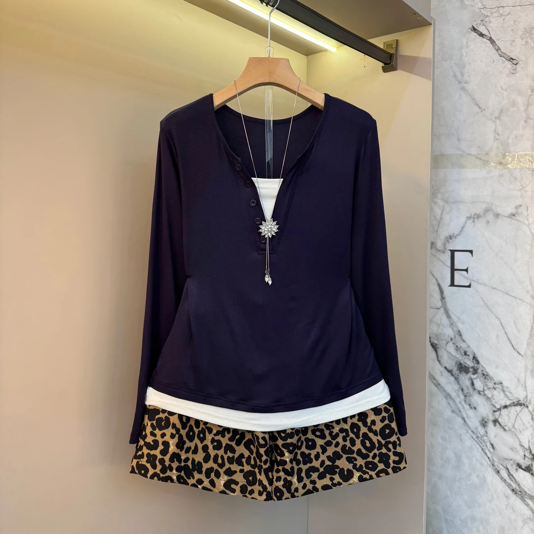 新款2025胖妹妹大码洋气时尚假俩件长袖短裤设计感显瘦套装207