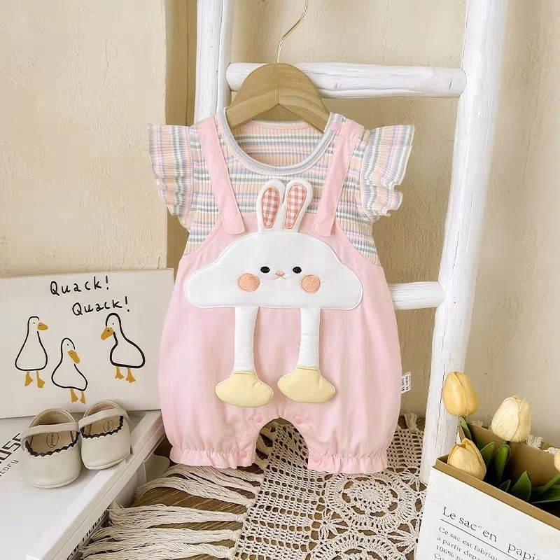 【灿宝家】跳跳兔假背带短爬 婴儿夏天连体衣短袖衣服纯棉爬服女宝
