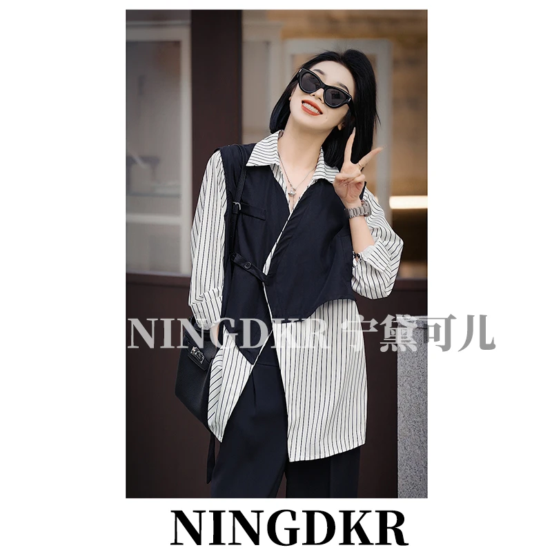 可B30120设计感小众气质假两件马甲式衬衫叠穿拼接长袖条纹上衣女