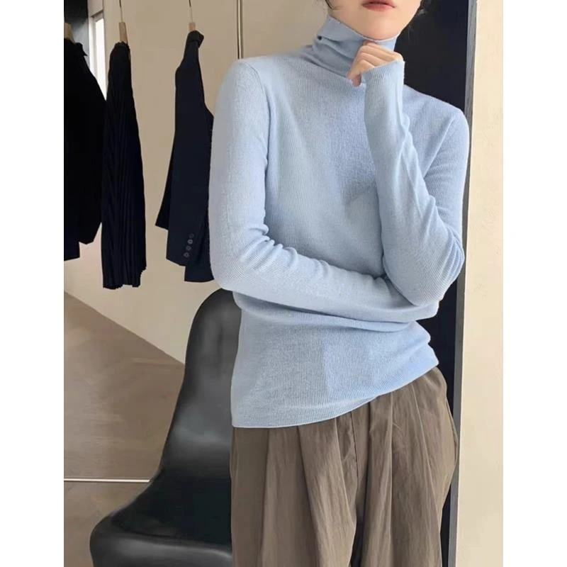 9299号6218#秋纯色百搭堆堆领气质长袖针织打底衫（预）