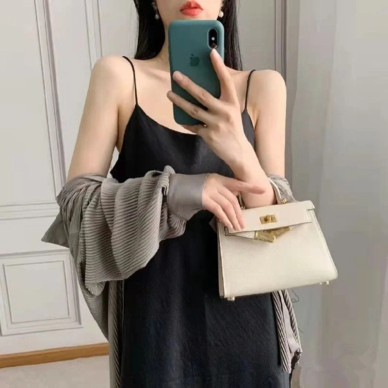 真皮二代mini凯莉包包女2023新款高级感轻奢女包百搭单肩斜挎小包