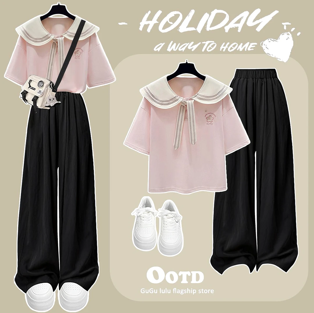 女童夏季学院风套装刺绣女大童学生海军领宽松短袖T恤+显瘦阔腿裤