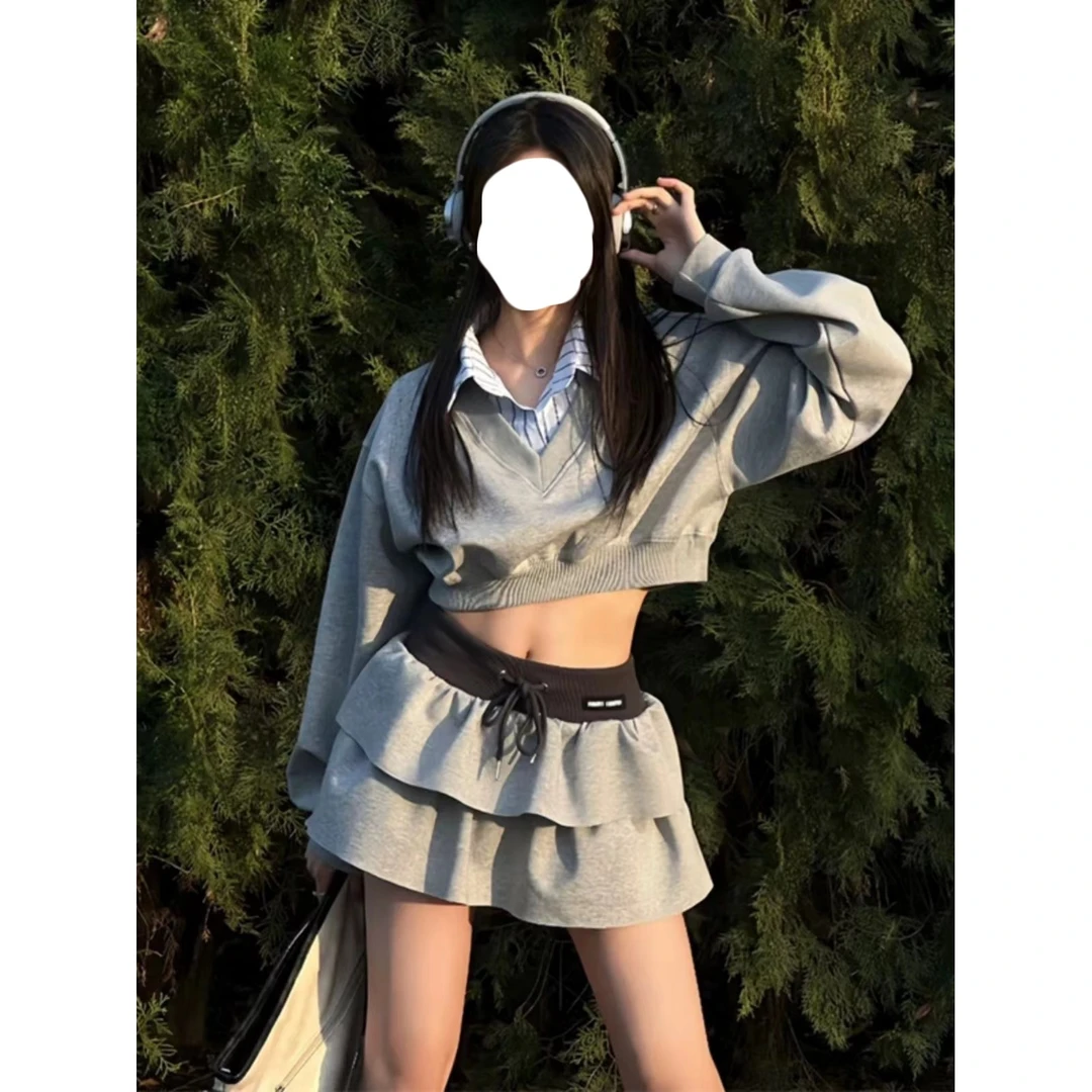 美式学院风假两件拼接衬衫领短款卫衣女设计感小众显瘦短裙套装女