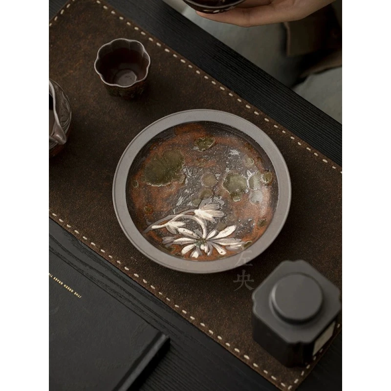 中式家用原矿老岩泥-手绘莲花福禄壶承手工简约陶瓷储水式干泡盘