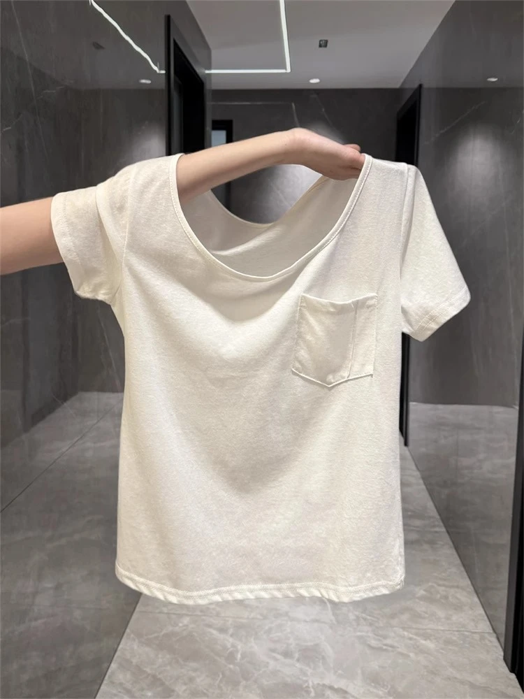 设计感小众正肩口袋短袖T恤女夏装2025新款宽松韩版半袖上衣潮ins