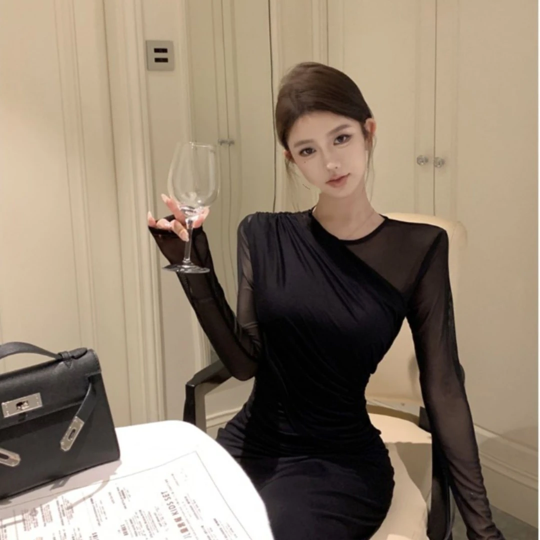 复古性感御姐黑色气质网纱针织连衣裙女秋季收腰显瘦长袖包臀长裙