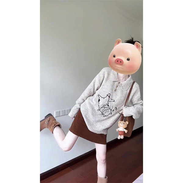 日系复古翻领小猫刺绣提花毛衣女秋冬慵懒宽松套头针织衫裙子套装