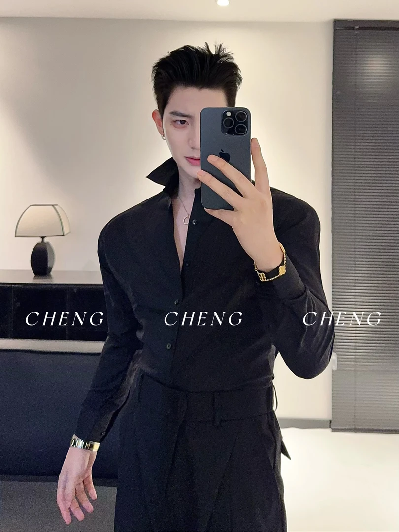 「程程的试衣间」高质感领口刺绣暗条纹无痕衬衫免烫休闲时尚衬衣男