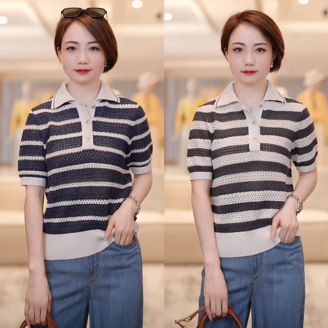 【璀璨星河亨利领】海军风长绒棉镂空肌理感条纹针织衫6S215S5207