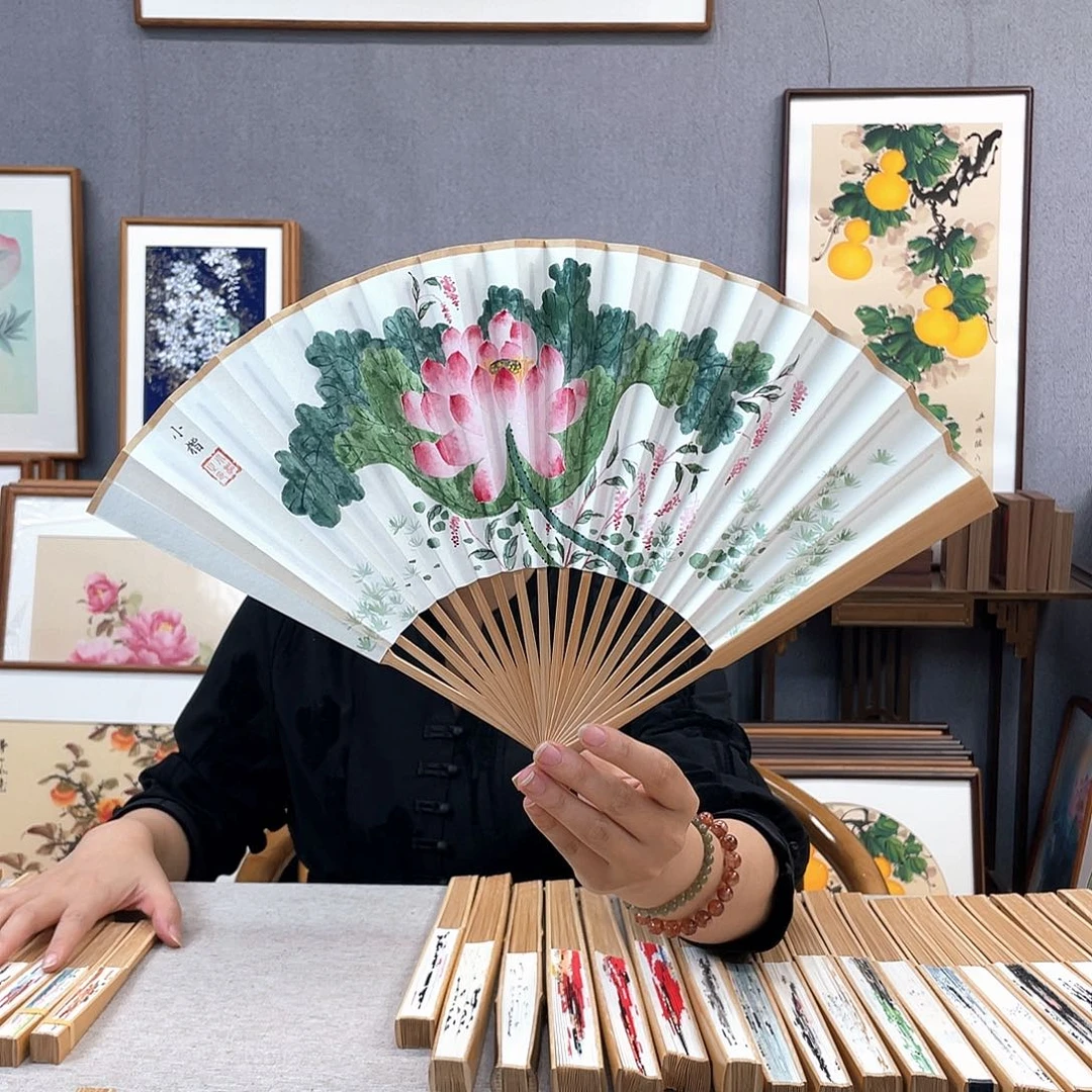 国画8寸玉竹-纯手绘-文玩扇骨（默认粘好）