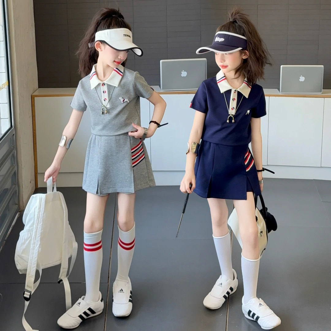 女童休闲裤裙套装夏季2025新款中大童韩系学院风女孩POLO衫短袖潮