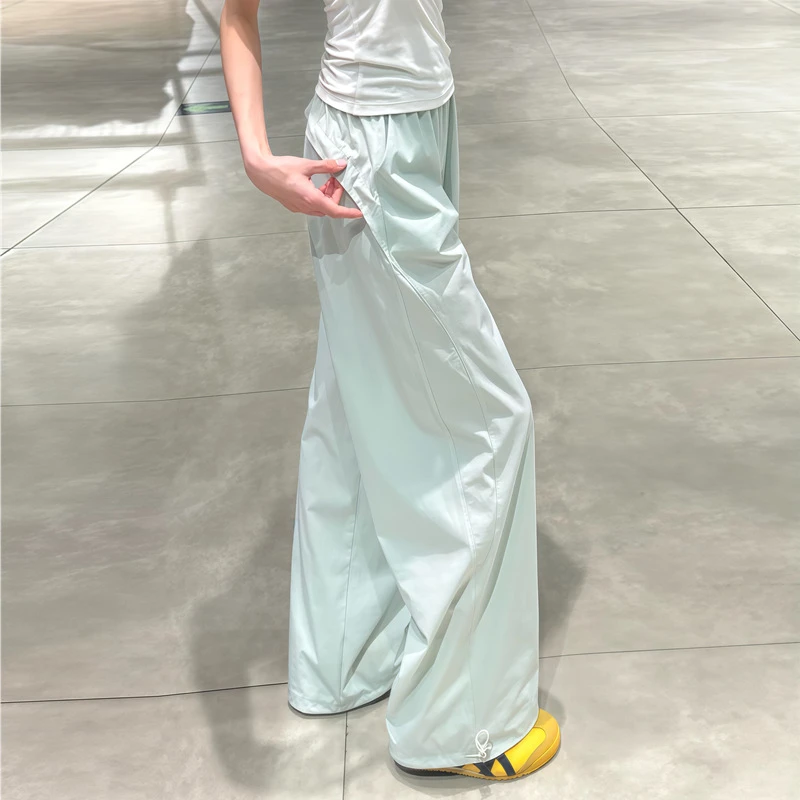 蓝色速干工装裤女夏季薄款2025新款宽松直筒休闲小个子阔腿运动裤