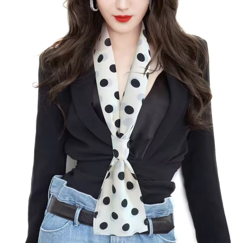 春秋气质百搭小长条丝巾女洋气时尚护颈领巾法式薄款波点大方围巾