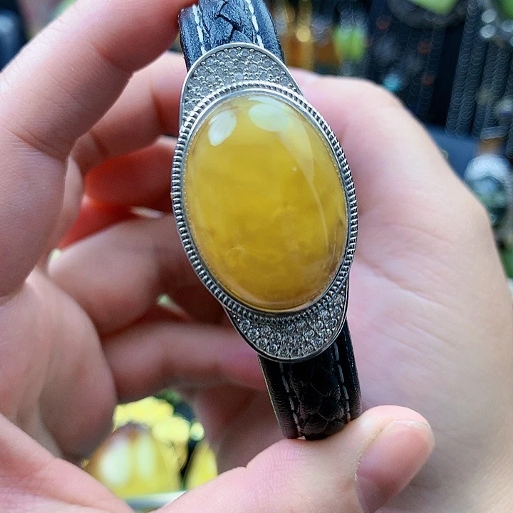 琥珀裸石银S925镶嵌手镯