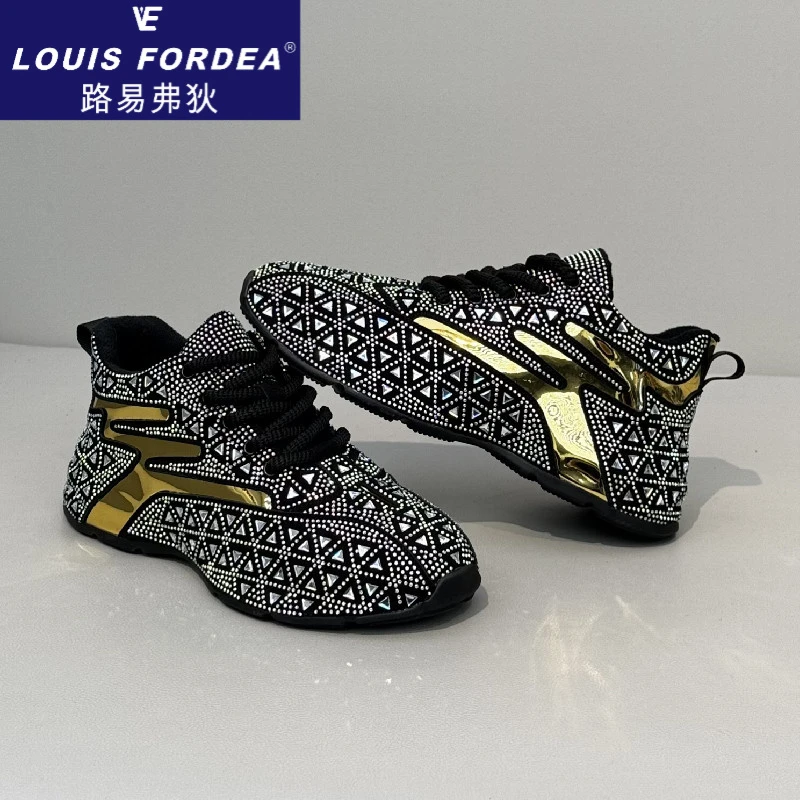 Louis Fordea路易弗狄手工休闲高帮男潮鞋包底增高老爹鞋亮面烫钻