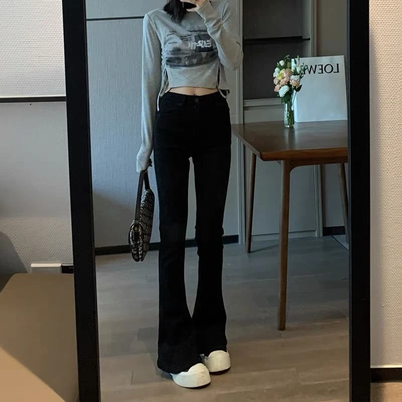 【现货】秋季新款黑色微喇牛仔裤女高腰显瘦百搭2025阔腿拖地马蹄裤