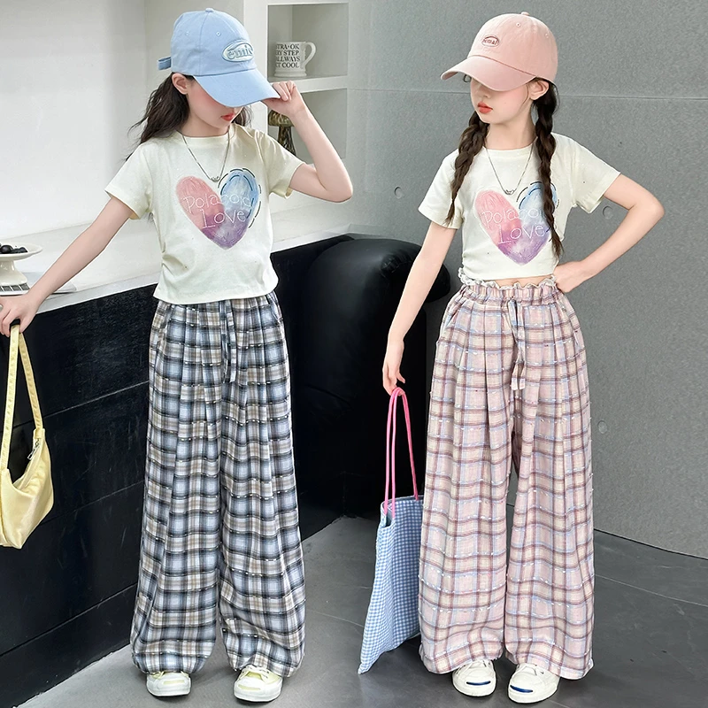 女童爱心短袖T恤格子裤套装2025夏季新款儿童洋气百搭时髦两件套