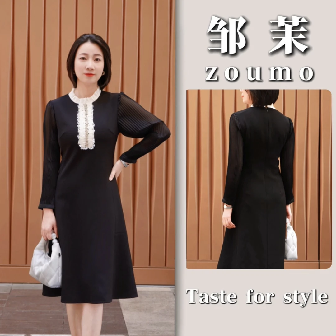 ZOUMO/邹茉【疏星晚月】通勤钉珠式立领洋装连衣裙女A30L000252